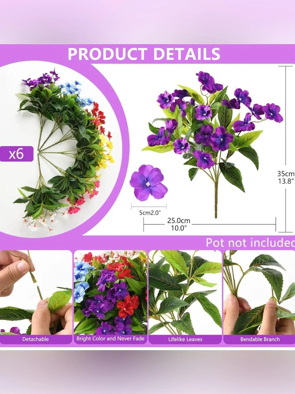 Multicolor Silk Fake Artificial Outdoor Flowers 6-pc